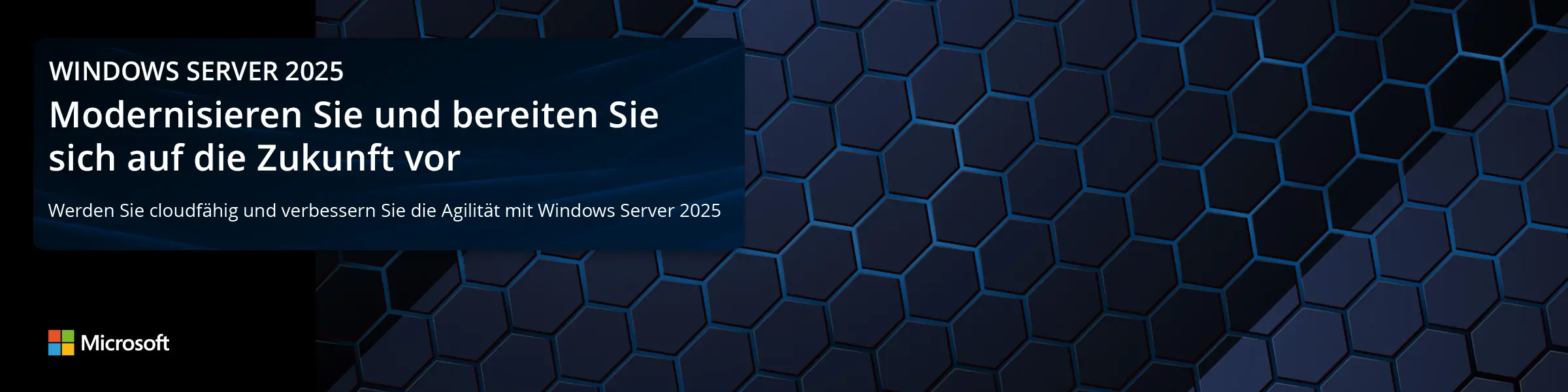 Mit Windows Server 2025 profitieren Sie von Hybridfunktionen, die die Agilität Ihres Unternehmens steigern. Wabengrafik in dunkelblau.