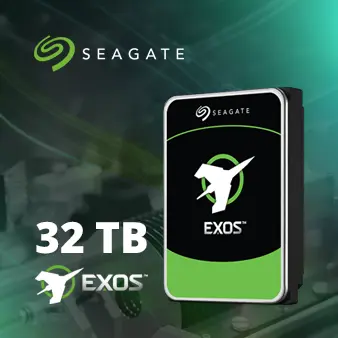 Maximale Performance, enorme Kapazität und absolute Zuverlässigkeit – die Seagate Exos Serie ist die erste Wahl für Unternehmen, die mehr wollen. Jetzt mit 32 TB Kapazität. Visual von einer Gruppe Magnetscheiben und einer Abbildung der EXOS Festplatte.