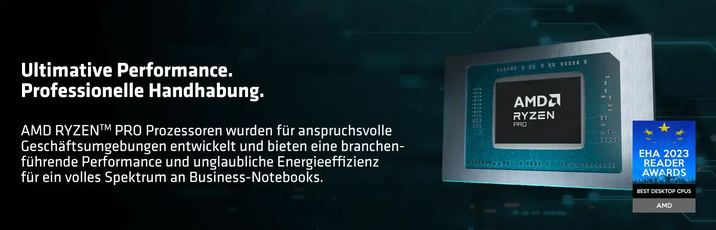 AMD Ryzen™ Desktop-Prozessoren mit PRO Technologien bieten mehr Leistung, Sicherheitsfunktionen und reibungslose Manageability. AMD Ryzen™ Desktop-Prozessoren mit PRO Technologien bieten mehr Leistung, Sicherheitsfunktionen und reibungslose Manageability. Visual AMD Pro Prozessor mit EHA 2023 Reader Award.