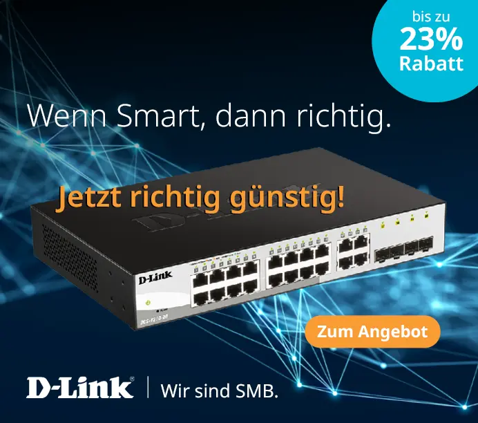 Die D-Link 1210er SMB-Switche: Ob kompakter Verteiler oder PoE-Switch für kleinere WiFi-Installationen – unser Preis-Leistungs-Hit wird noch attraktiver! Produktfoto des D-Link DGS-1210-28P/E vor dunkelblauer Netzwerkgrafik mit leuchtenden Knotenpunkten.