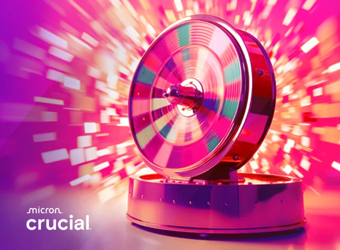 Das Crucial X9 1 TB Portable SSD Gewinnspiel. Bis zum 31.05.2025 Aktionsprodukte kaufen und mit etwas Glück gewinnen. Das Crucial X9 1 TB Portable SSD Gewinnspiel. Bis zum 31.05.2025 Aktionsprodukte kaufen und mit etwas Glück gewinnen. Visual eines kleinen Glücksrads auf violettem Hintergrund.