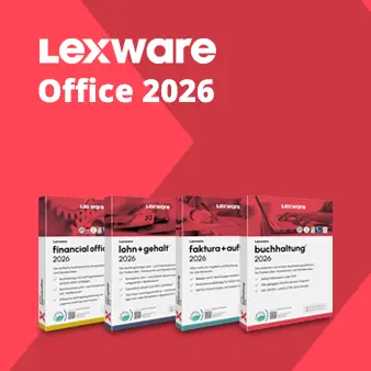 Lexware Office 2026. E-Rechnung, effizient, rechtssicher und bereit für die KI-gestützte Zukunft. Gruppenfoto der Packshots von verschiedenen Versionen von Lexware Office Software.