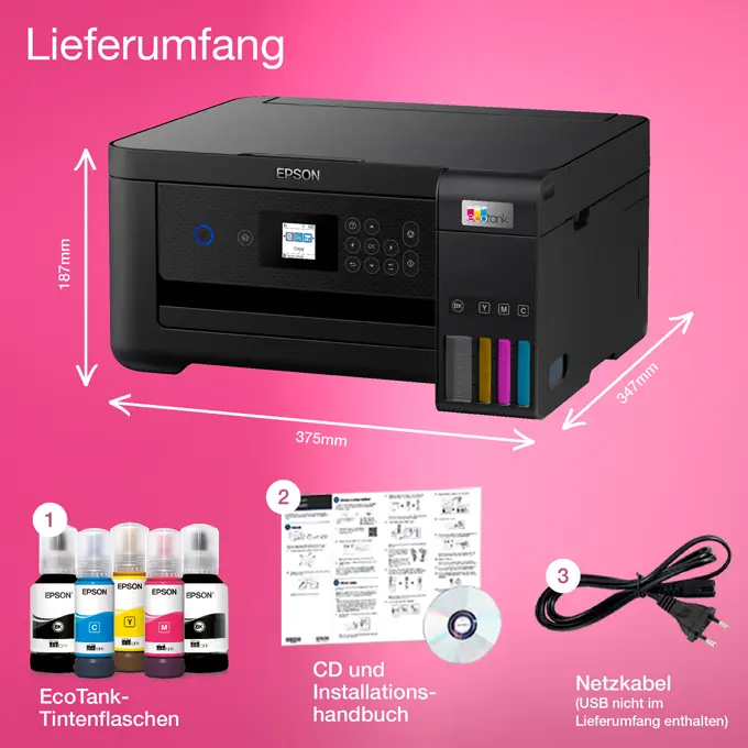 Epson EcoTank ET-2850 A4-Multifunktionsdrucker. Einfaches, unkompliziertes Tintentanksystem zum Nachfüllen aus Flaschen. Epson EcoTank ET-2850 A4-Multifunktionsdrucker. Einfaches, unkompliziertes Tintentanksystem zum Nachfüllen aus Flaschen. Produktfoto mit Utensilien des Lieferumfangs auf rosa Hintergrund.