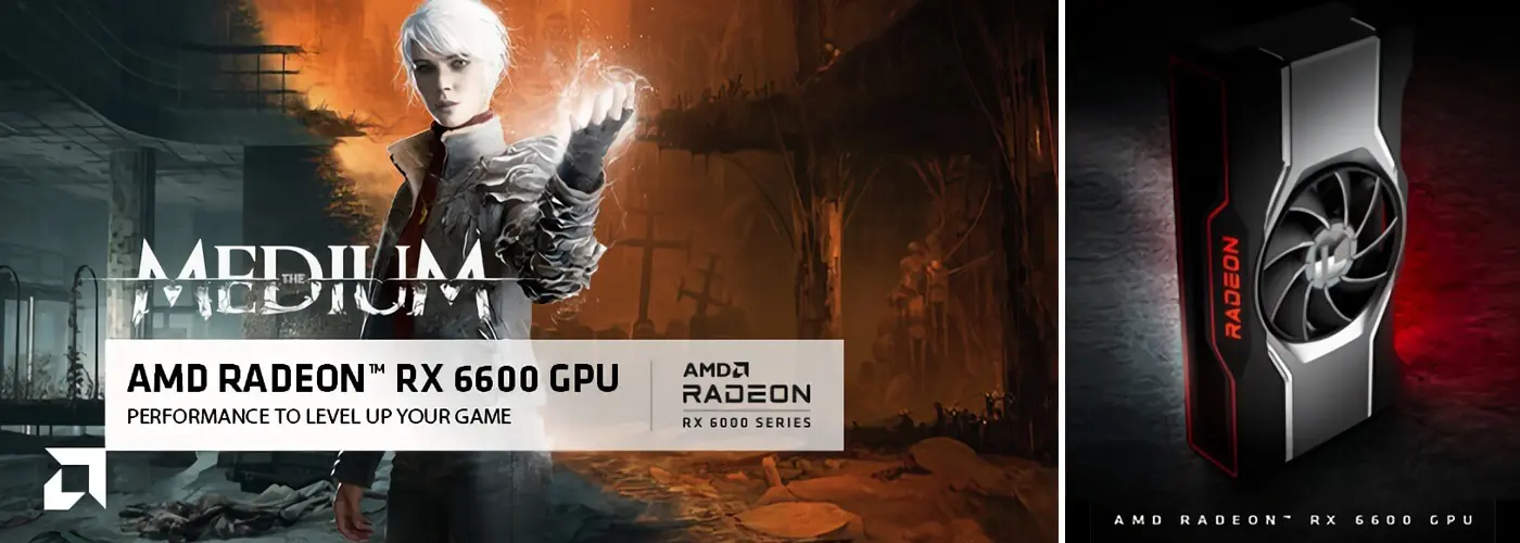 AMD Radeon™ RX 6600 Grafikkarten für Gaming in HD-Auflösung. AMD Radeon™ RX 6600 Grafikkarten für Gaming in HD-Auflösung. Visual eines Charakters aus dem Spiel The Medium.