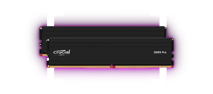 Crucial DDR5 Pro DRAM ist kompatibel zu CPUs der Serien Intel® Core (12. Generation) oder AMD Ryzen™ (Serie 7000 und höher). Crucial DDR5 Pro DRAM ist kompatibel zu CPUs der Serien Intel® Core (12. Generation) oder AMD Ryzen™ (Serie 7000 und höher). Produktfoto.