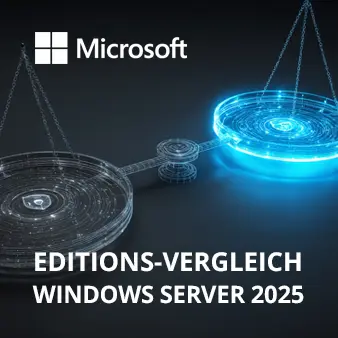 Nutzen Sie unseren Windows Server 2025 Lizenzrechner, Vergleich & Ratgeber. Visual einer gerenderten, modernen Waage mit einer Waagschale die hellblau leuchtet.