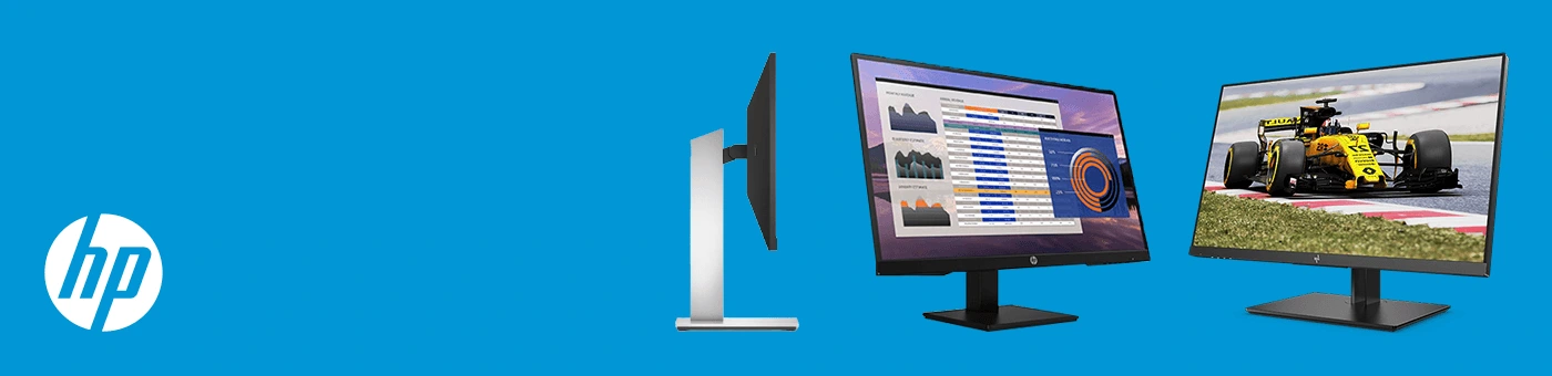 Future-X HP Displays für Business Future-X HP Displays für Business - Drei HP-Monitore auf blauem Hintergrund und daneben die weiße Aufschrift „Displays für Ihr Business“