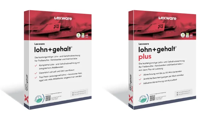 Lexware lohn+gehalt 2026 für Freiberufler, Handwerker und Kleinbetriebe. Packshots der Software Lexware lohn+gehalt und lohn+gehalt plus.