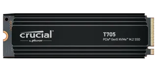 Cucial T705 GEN5 NVMe SSD. Erleben Sie die unglaubliche Rasanz extremer Leistung mit Geschwindigkeiten von bis zu 14 500 MB/s. Cucial T705 GEN5 NVMe SSD. Erleben Sie die unglaubliche Rasanz extremer Leistung mit Geschwindigkeiten von bis zu 14 500 MB/s. Produktfoto.