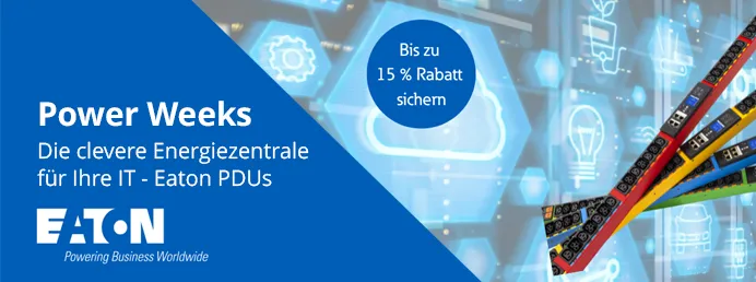 Power Weeks. Jetzt noch bis zum 19.10.2025 bis zu 15 % Rabatt auf die gesamte Eaton-PDU-Produktpalette sichern. Visual von mehreren, farbigen Eaton PDUs vor dem Hintergrund eines Serverraums.