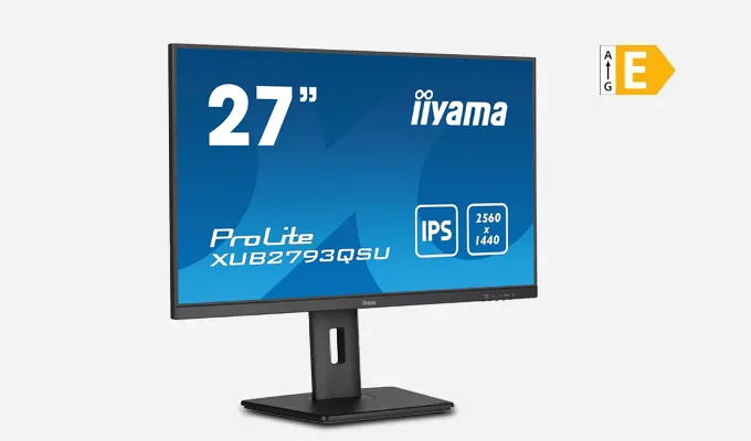 iiyama ProLite XUB2793QSU-B7 - 27 Zoll (68,6 cm) Monitor mit WQHD-Auflösung und höhenverstellbarem Standfuß. Produktbild mit EEK E Icon.