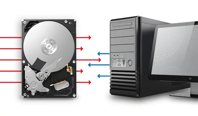 Toshiba P300 3,5"-SATA-Festplatte mit innovativen Techniken zur Minimierung von Kopfbewegungen und Plattenumdrehungen. Toshiba P300 3,5"-SATA-Festplatte mit innovativen Techniken zur Minimierung von Kopfbewegungen und Plattenumdrehungen. Visual Kompatibilität - Festplatte wird neben einem PC dargestellt.