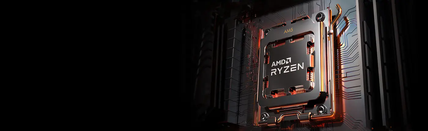 AMD Ryzen™ 7000-Serie-Prozessoren. Bauen Sie ein revolutionäres System. AMD Ryzen™ 7000-Serie-Prozessoren. Bauen Sie ein revolutionäres System. Rendergrafik eines AMD Ryzen Prozessors auf einem AM5 Sockel.