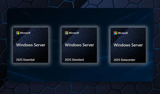 Windows Server 2025 ist die aktuelle Version des Serverbetriebssystems von Microsoft, das seit mehr als 30 Jahren von kleinen und mittelständischen Unternehmen (KMU) eingesetzt wird. Windows Server 2025 ist die aktuelle Version des Serverbetriebssystems von Microsoft, das seit mehr als 30 Jahren von kleinen und mittelständischen Unternehmen (KMU) eingesetzt wird. Visual der 3 Software-Versionen Essential, Standard und Datacenter.