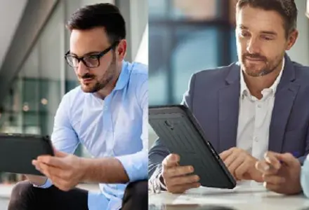 Samsung Galaxy Tab Active5 Wi-Fi Enterprise Edition mit Dual-SIM-Funktion. Samsung Galaxy Tab Active5 Wi-Fi Enterprise Edition mit Dual-SIM-Funktion. 2 Fotos nebeneinander gestellt mit Personen die das Galaxy Tab Active5 nutzen.