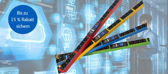 Power Weeks. Jetzt noch bis zum 19.10.2025 bis zu 15 % Rabatt auf die gesamte Eaton-PDU-Produktpalette sichern. Power Weeks. Jetzt noch bis zum 19.10.2025 bis zu 15 % Rabatt auf die gesamte Eaton-PDU-Produktpalette sichern. Visual von mehreren, farbigen Eaton PDUs vor dem Hintergrund eines Serverraums.
