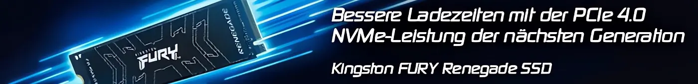 Fury Renegade SSD – bessere Ladezeiten mit der PCIe 4.0 NVMe-Leistung. Fury Renegade SSD – bessere Ladezeiten mit der PCIe 4.0 NVMe-Leistung. Visual einer Fury Renegade SSD mit blauen Lichtstrahlen auf schwarzem Hintergrund.