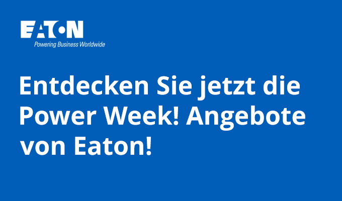 Entdecken Sie die Power Week Angebote von Eaton. Entdecken Sie die Power Week Angebote von Eaton. Logo und Schrift auf blauem Grund.