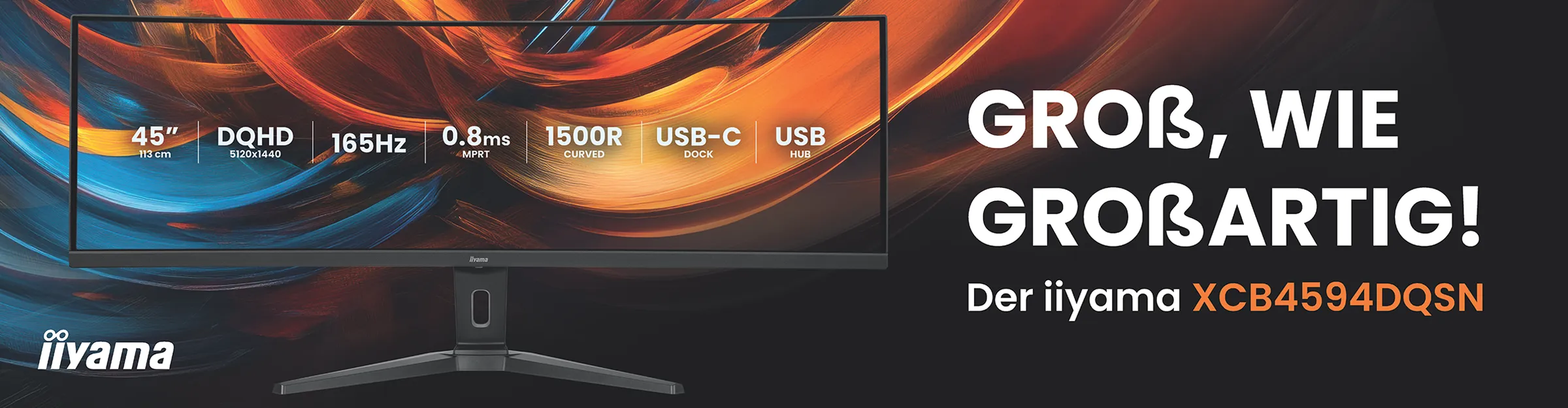 iiyama ProLite XCB4594DQSN – Genießen Sie Panorama-Format mit 44,5 Zoll (ca. 113 cm) und beeindruckender DQHD-Auflösung. Visual des iiyama ProLite XCB4594DQSN in einer Frontansicht mit gerenderten, verschieden farbigen Lichtwellen im Hintergrund.