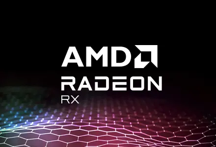 AMD Radeon™ RX für Desktops – AMD RDNA™ 3 Architektur-basierte Grafikkarten für Performance, Grafik und Effizienz der nächsten Generation. AMD Radeon™ RX für Desktops – AMD RDNA™ 3 Architektur-basierte Grafikkarten für Performance, Grafik und Effizienz der nächsten Generation. AMD Radeon™ RX Logo auf einer Render-Grafik einer Wabenstruktur in Wellenform.