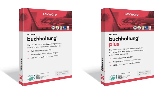 Lexware Buchhaltung 2026 für Freiberufler, Handwerker und Kleinbetriebe. Packshots der Software Lexware Buchhaltung und Buchhaltung plus.