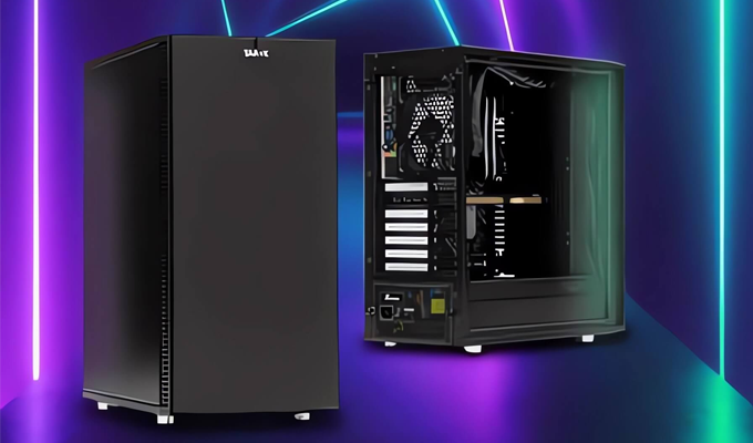 Future-X Modula Gaming PC 7260ZP mit Intel Core i7-12700K Prozessor und Wasserkühlung  Future-X Modula Gaming PC 7260ZP mit Intel Core i7-12700K Prozessor und Wasserkühlung - PC auf buntem Hintergrund