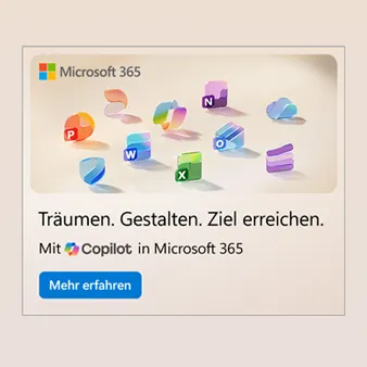 Microsoft 365 mit Copilot. Verwandeln Sie Ihre Daten in Erkenntnisse – direkt in den Apps, die Sie bereits kennen, mit Microsoft 365 Copilot. Darstellung von M365 Icons auf Cremefarbenem Hintergrund.