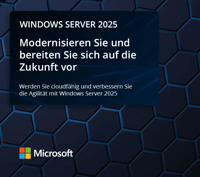 Mit Windows Server 2025 profitieren Sie von Hybridfunktionen, die die Agilität Ihres Unternehmens steigern. Wabengrafik in dunkelblau.