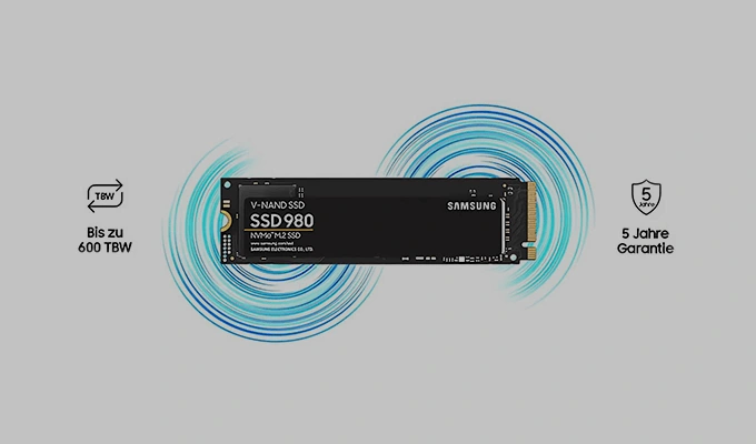 Samsung SSD 980 – Für Langlebigkeit entwickelt. Samsung SSD 980 – Für Langlebigkeit entwickelt. Produktbild auf grauem Hintergrund.