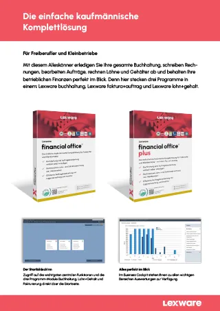 Lexware informiert Sie detailliert über die Software financial office 2026. Erste Seite des Datenblatts zur Software financial office 2026 mit 2 Packshots und Screenshots aus dem Programm.