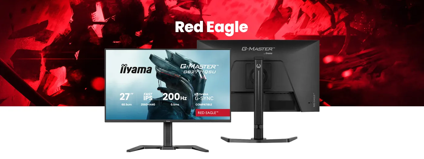Red Eagle™ ist ein echter Gamechanger. Sie ermöglichen es Ihnen, in Sekundenbruchteilen Entscheidungen zu treffen. Produktfoto der Vorder- und Rückseite des G-Master GB2771QSU Monitors vor einem gerenderten Hintergrund, in verschiedenen Rottönen.