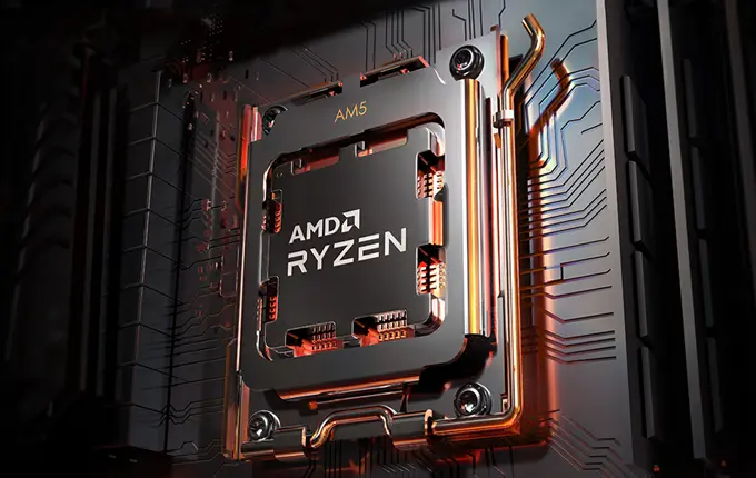 AMD Ryzen™ 7000-Serie-Prozessoren. Bauen Sie ein revolutionäres System. AMD Ryzen™ 7000-Serie-Prozessoren. Bauen Sie ein revolutionäres System. Rendergrafik eines AMD Ryzen Prozessors auf einem AM5 Sockel.