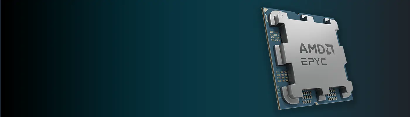 Mit AMD EPYC 4004-Serie Prozessoren ist es möglich, tägliche Auslastungen auf einem Server der Einstiegsklasse zu bewältigen, der benutzerfreundlich und preisgünstig ist. Mit AMD EPYC 4004-Serie Prozessoren ist es möglich, tägliche Auslastungen auf einem Server der Einstiegsklasse zu bewältigen, der benutzerfreundlich und preisgünstig ist. Foto des Prozessors auf dunkelgrünem Hintergrund.