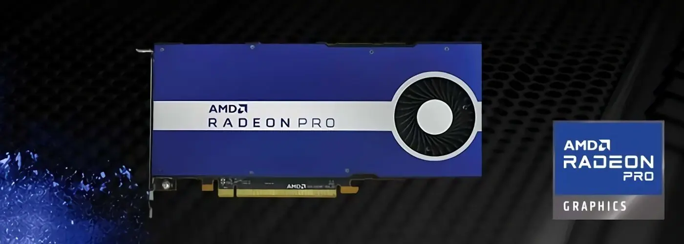 AMD Radeon™ PRO Grafikkarten – sieben Nanometer für überlegene Leistung und Energieeffizienz der Spitzenklasse. AMD Radeon™ PRO Grafikkarten – sieben Nanometer für überlegene Leistung und Energieeffizienz der Spitzenklasse. Produktbild einer AMD Radeon™ PRO Grafikkarte auf dunklem Hintergrund.