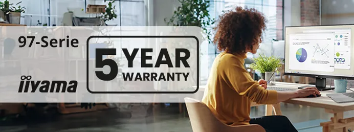 Die ProLite 97-Serie ist die erste Wahl für alle, die Qualität, Leistung und Zuverlässigkeit zu schätzen wissen. Lifestyle Foto einer jungen Frau, die an einem iiyama Monitor arbeitet.