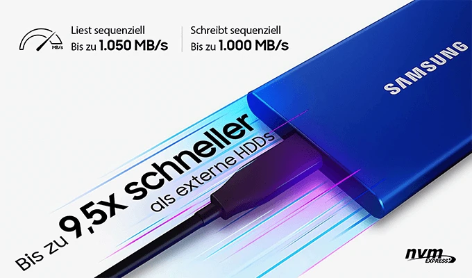 Samsung Portable SSD T7 mit USB 3.2 der 2. Generation. Samsung Portable SSD T7 mit USB 3.2 der 2. Generation. Visual Bis zu 9,5x schneller als externe HDDs.