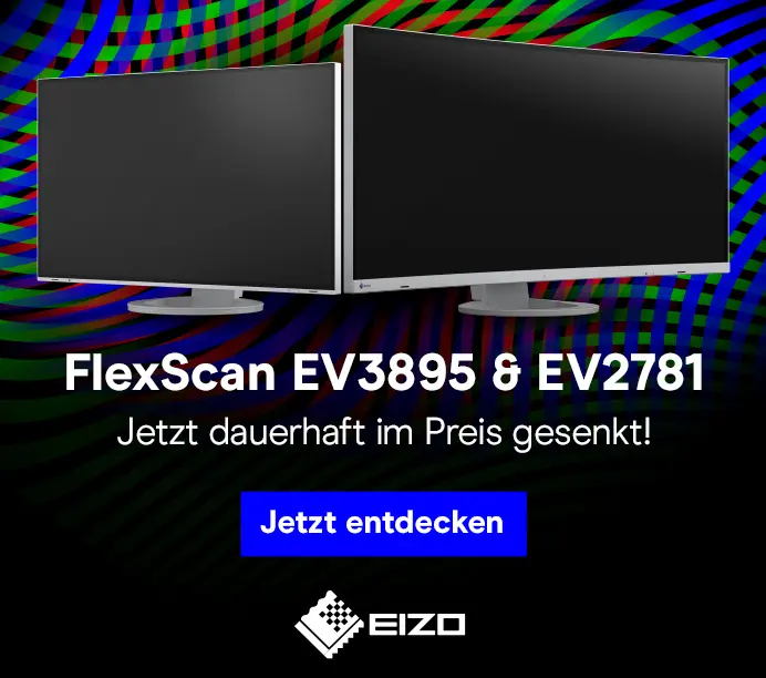 Die beliebten EIZO FlexScan-Modelle EV3895 und EV2781 sind jetzt dauerhaft günstiger erhältlich. Produktfoto der beiden Modelle vor einer geschwungenen Gitterstruktur aus den Farben Blau, Grün und Rot.