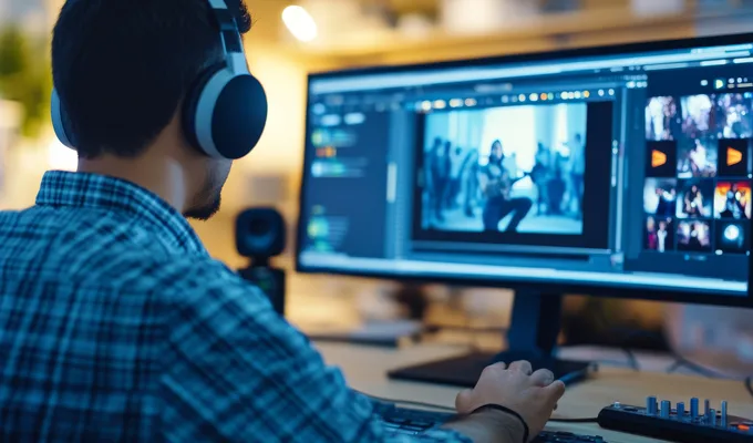 Alltags-Monitore für den täglichen Gebrauch bieten wir Ihnen in klassischen Größen wie 24 Zoll bis 27 Zoll. Alltags-Monitore für den täglichen Gebrauch bieten wir Ihnen in klassischen Größen wie 24 Zoll bis 27 Zoll. Foto eines Mannes mit Kopfhörer, der vor einem Monitor sitzt und ein YouTube Video schaut.