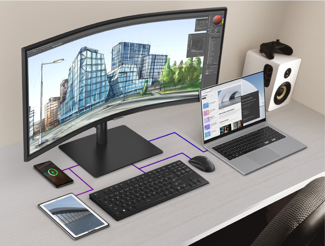 Samsung ViewFinity S6 S34C652UAU mit Ultra-WQHD und 1000R-Krümmung. Samsung ViewFinity S6 S34C652UAU mit Ultra-WQHD und 1000R-Krümmung. Visual Produkt auf einem Schreibtisch.