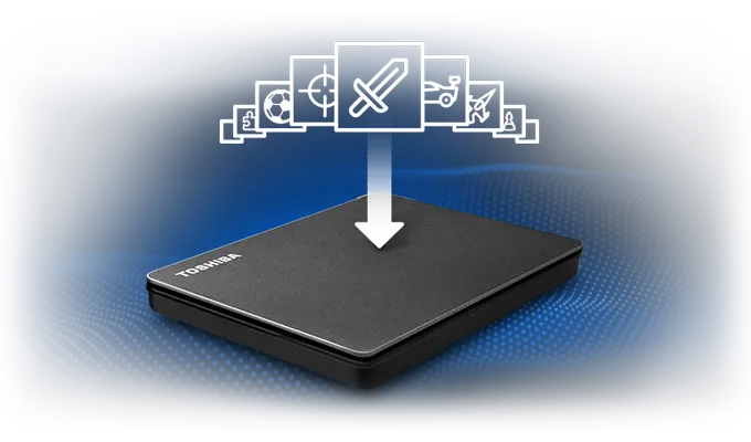 FX-DE-Toshiba-Canvio-LP-3er-Teaser-680x400-1 Toshiba Canvio Gaming Festplatte – mit bis zu 4 TB Speicherplatz müssen Sie sich bei der Game-Auswahl nicht zurückhalten. Visual der Festplatte auf blauem wellenförmigen Untergrund mit ein paar Gaming Icons.