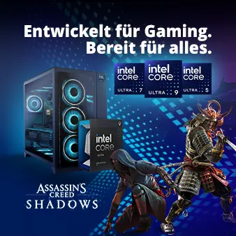 Intel Core Ultra CPUs Serie 2 für Gaming mit hoher Leistung, moderner KI‑Technologie und effizienter Architektur – ideal für anspruchsvolle Gamer. Boxshot der Core Ultra 9 CPU vor einem Gaming PC.