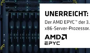 AMD EPYC™ Prozessoren der 3. Generation – der leistungsstärkste x86-Server-Prozessor. AMD EPYC™ Prozessoren der 3. Generation – der leistungsstärkste x86-Server-Prozessor. AMD EPYC™ Logo auf einem Foto eines Serverschranks.