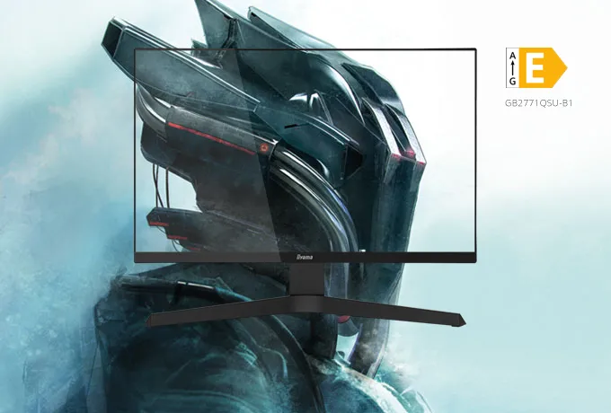 Der iiyama G-MASTER Red Eagle GB2771QSU-B1 bietet ein 27-Zoll-Display mit einer nativen Auflösung von 2560 x 1440. Produktfoto Frontansicht vor dem Hintergrund des Maskottchens.