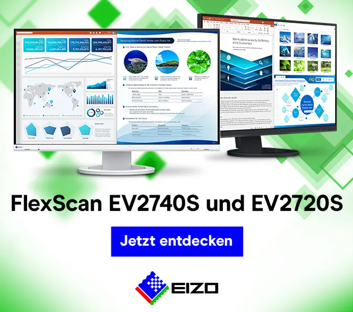 EIZO FlexScan EV2740S und EV2720S – energiesparende und ergonomische Universalmonitore mit USB-C. Produktfotos der Monitore in Schwarz & Weiß.