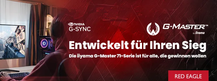 G‑Master™ Red Eagle – das Herzstück der #monitors4gamers. Gerenderte, rote Struktur vor dem Hintergrund einer Gamerin an einem Red Eagle Monitor von iiyama.