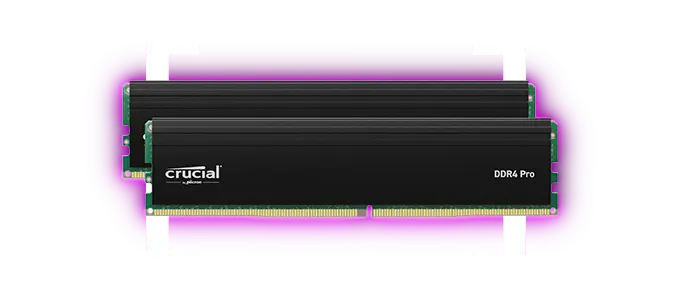 Crucial DDR4 Pro DRAM ist kompatibel mit CPU-Reihen Intel Core (8. – 11. Generation) und AMD Ryzen (Serien 1000–5000). Crucial DDR4 Pro DRAM ist kompatibel mit CPU-Reihen Intel Core (8. – 11. Generation) und AMD Ryzen (Serien 1000–5000). Produktfoto.