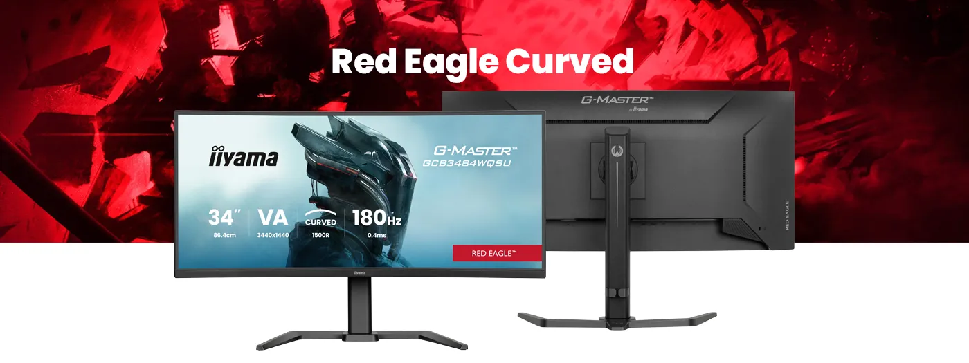 Red Eagle Curved™ – Treten Sie dem Pro-Team bei. Tauchen Sie ein in die nächste Stufe der visuellen Brillanz. Produktfoto der Vorder- und Rückseite des G-Master GC8384WQSU Monitors vor einem gerenderten Hintergrund, in verschiedenen Rottönen.