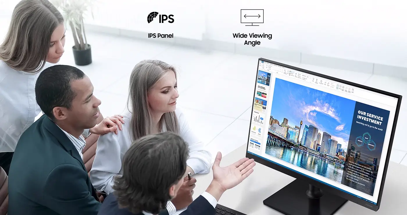 Samsung S24A400 Business Monitor mit IPS-Panel. Samsung S24A400 Business Monitor mit IPS-Panel. Ein Mitarbeiter Team schaut auf den Monitor.