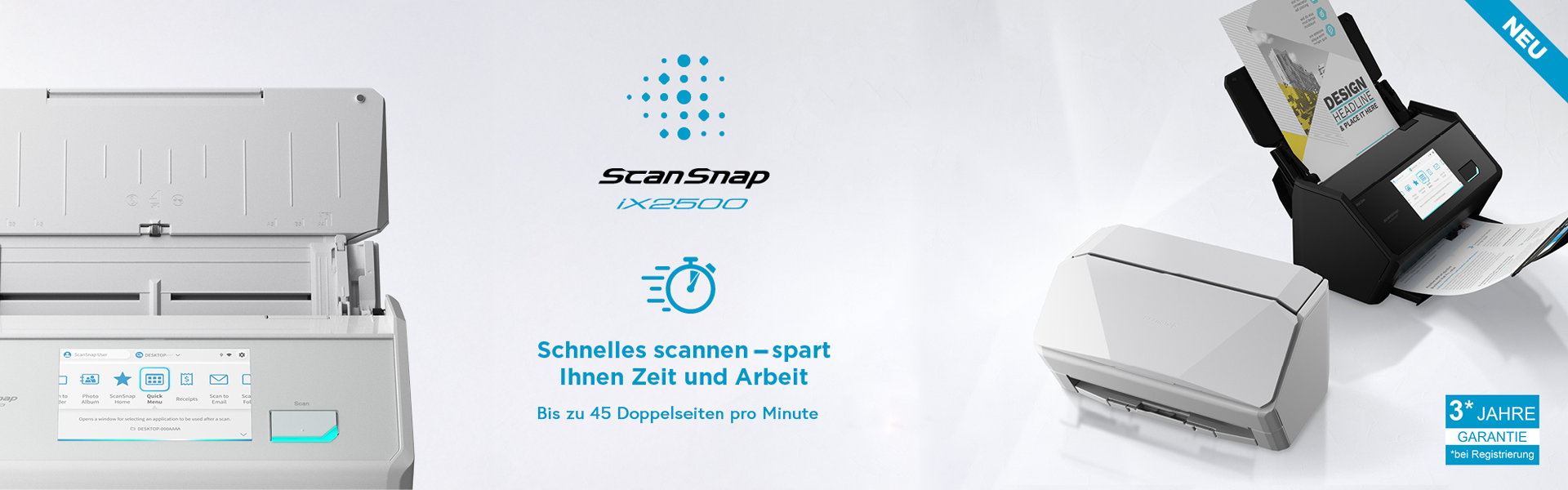Der neue ScanSnap iX2500 ist Ihr Eingangstor zur Digitalisierung Ihres Alltags. 2 Produktbilder der Modelle in den Farben Schwarz und Weiß.