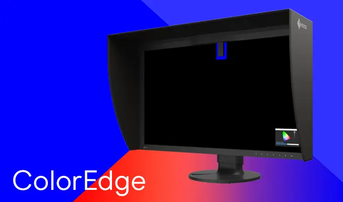 EIZO - Monitore und visuelle Lösungen. EIZO - Monitore und visuelle Lösungen. Visual ColorEdge Monitore auf blau-grünem Hintergrund.